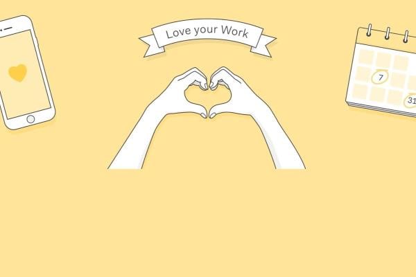 Love your work graphic with hands as a heart, phone, and calendar
